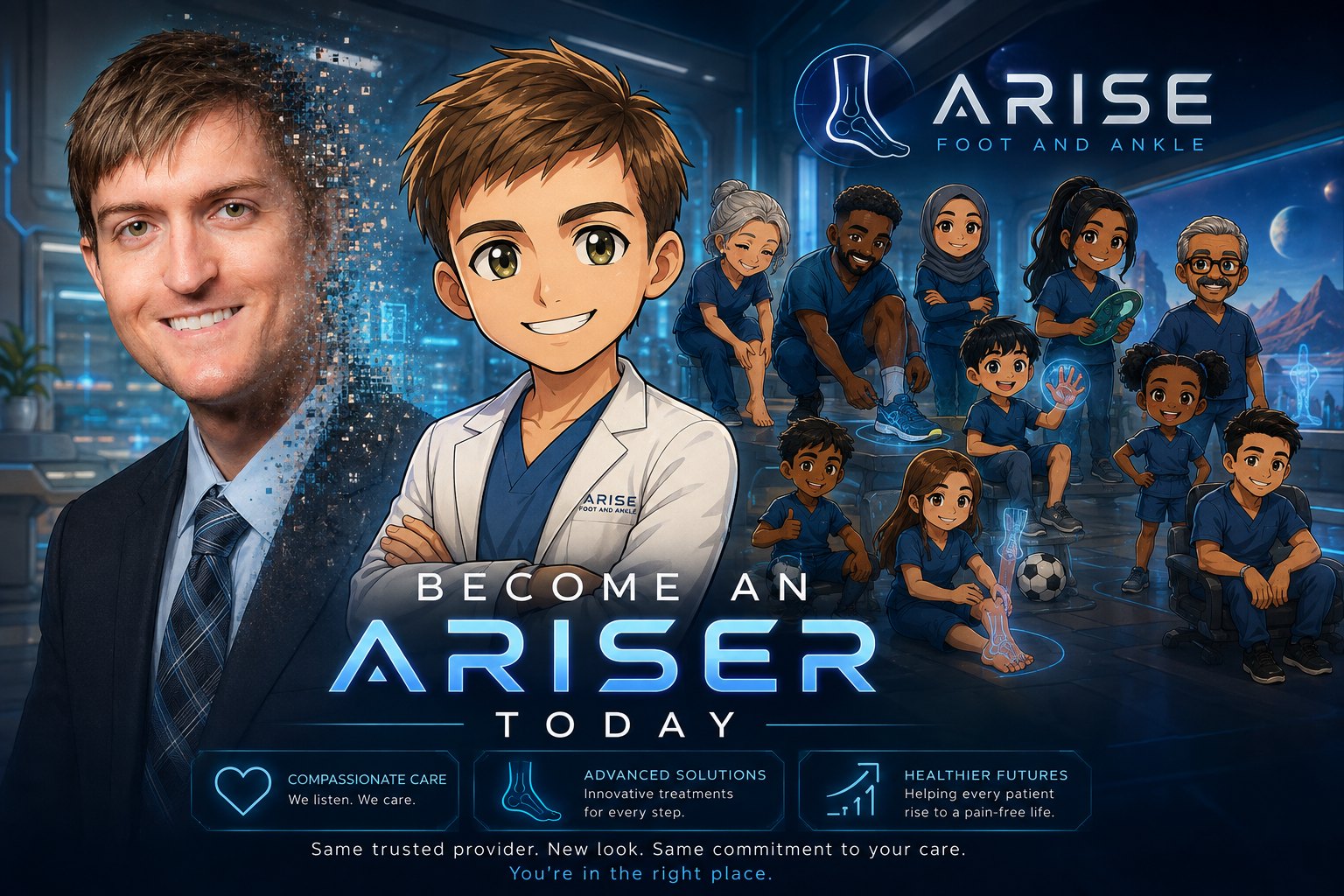 Dr. Stephens shown as a photograph transitioning into an illustrated character, with the illustrated Arisers behind him, above the words Become an Ariser Today