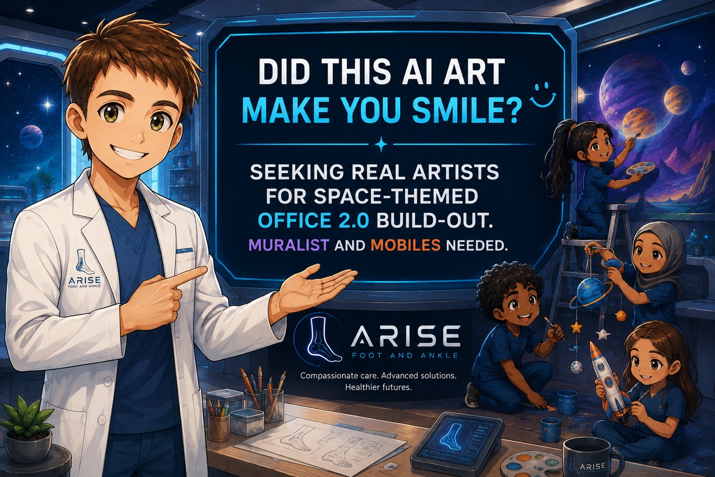 Illustrated call for artists asking if the AI art made you smile, seeking a muralist and mobile makers for a space-themed office build-out