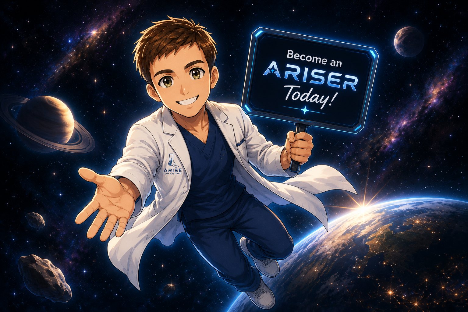 Illustrated Dr. Stephens floating in space holding a sign that reads Become an Ariser Today, reaching out a hand