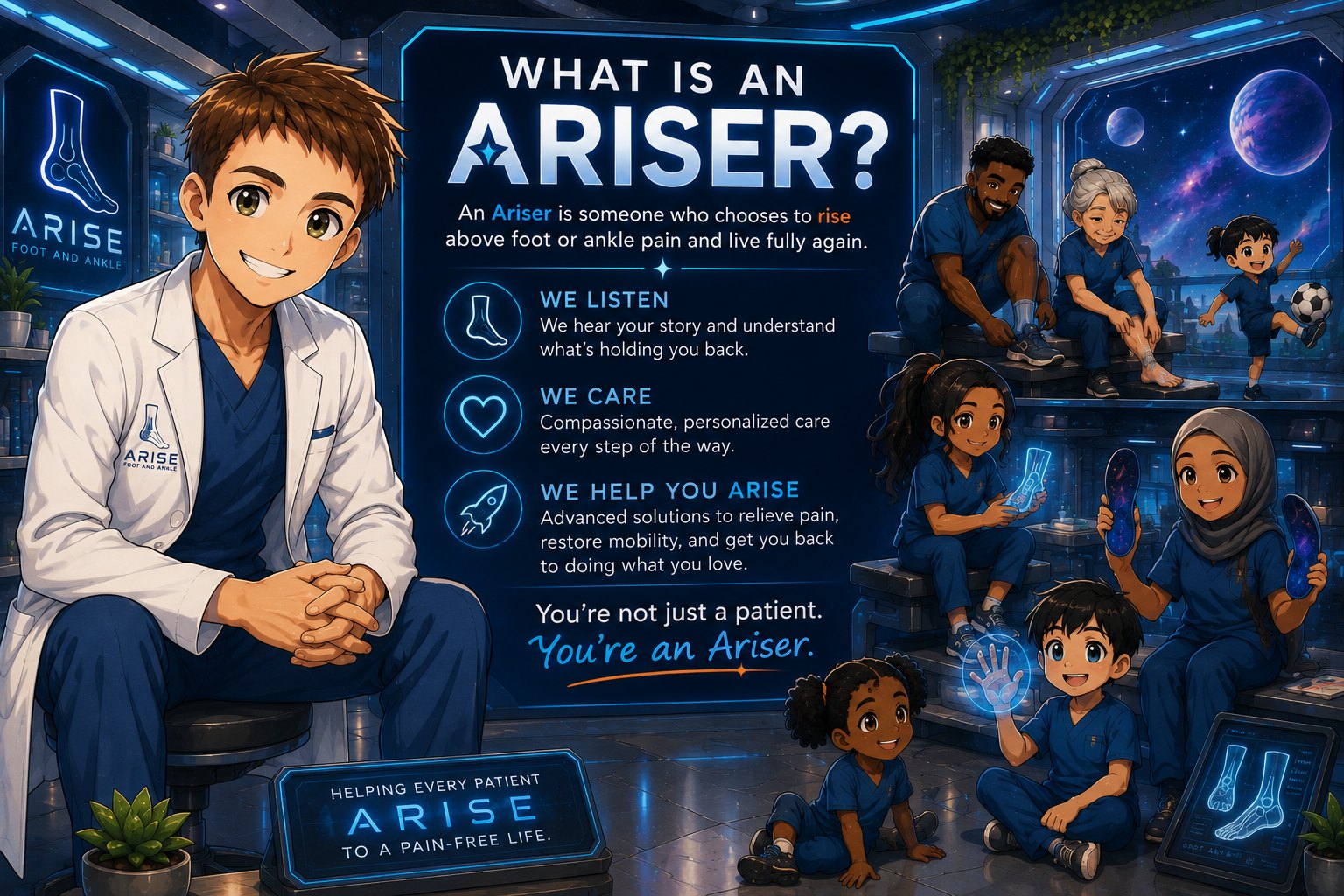 Illustrated panel explaining what an Ariser is, with the three promises: we listen, we care, we help you arise